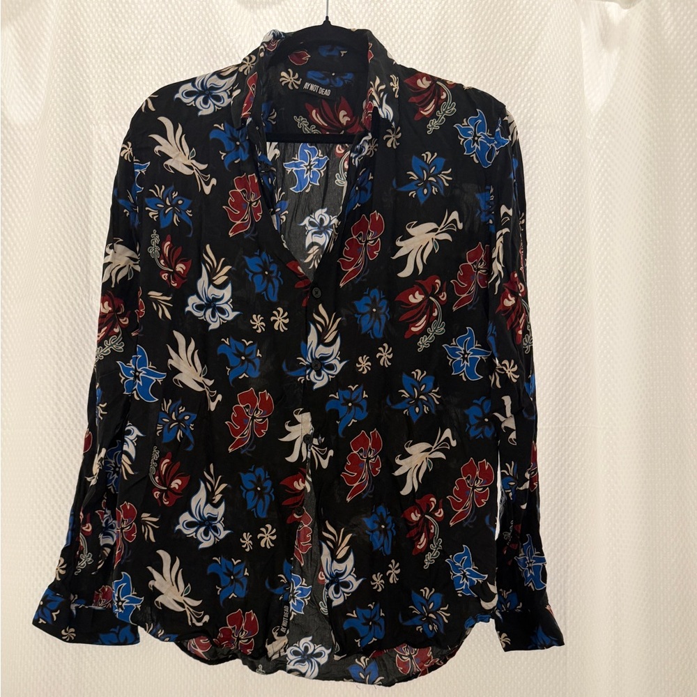Men's Floral Button Down Shirt - Black, Red, and Blue